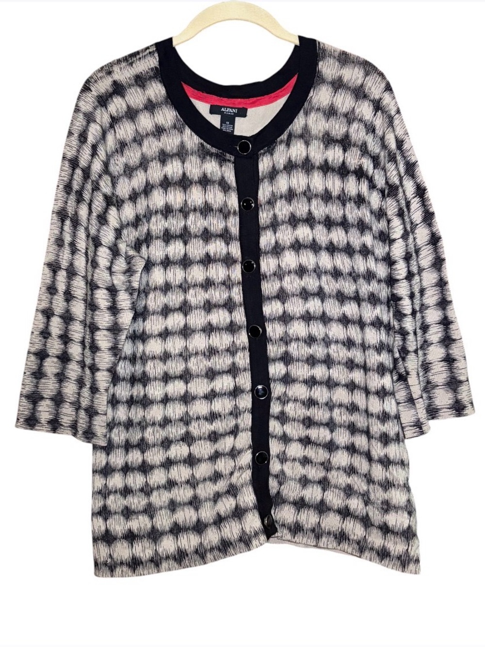 Alfani Women Black Tan Cardigan Sweater Size 1X Print Button Front 3/4 Sleeve